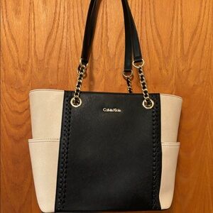 Calvin Klein Saffiano leather bag purse tote two tone in black and cream